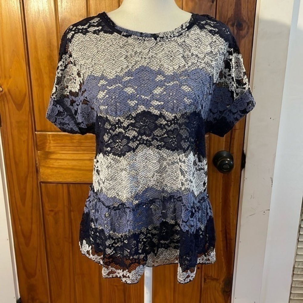 Anthropologie Eva Franco Blue White Lace Short Sleeve Striped Top Ruffle Large